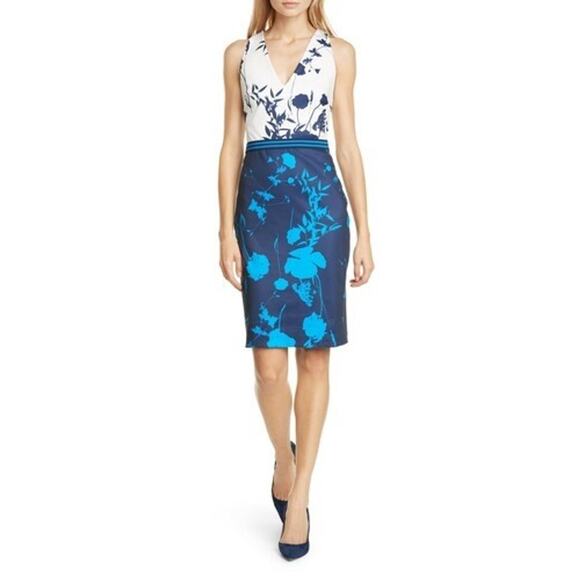 TED BAKER TILLIAI BLUEBELL NAVY AND CREAM BODYCON DRESS W SUSPENDERS SZ 3 US8-10 - Picture 4 of 14